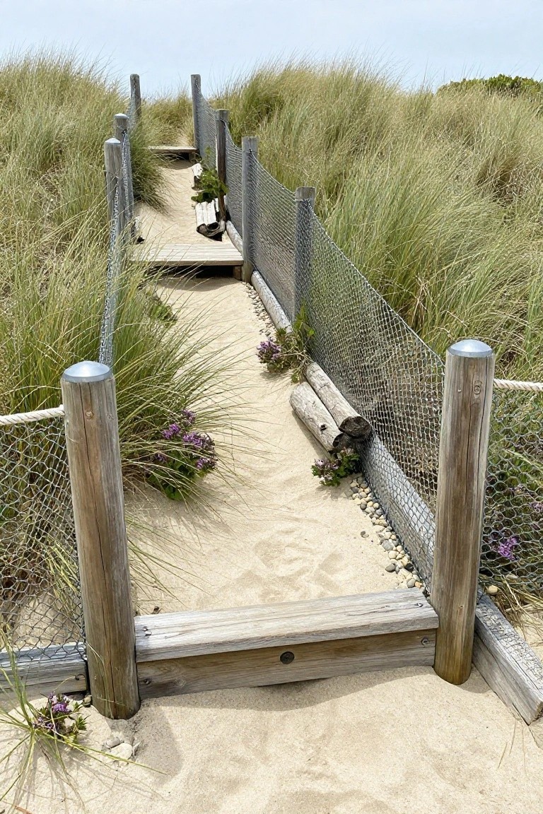 A sandy path lined with wooden posts and wire mesh fencing running through tall dune grasses.