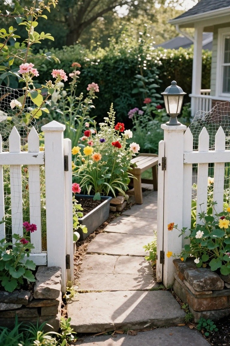 Open white picket gate with lantern beside colorful flowers and stone path
