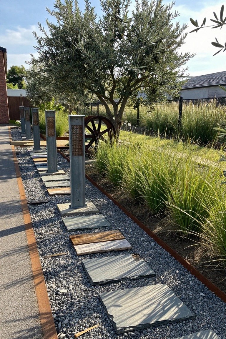 A gravel garden path with gray stepping stones bordered by metal posts fitted with wood and wire panels and tall ornamental grasses.