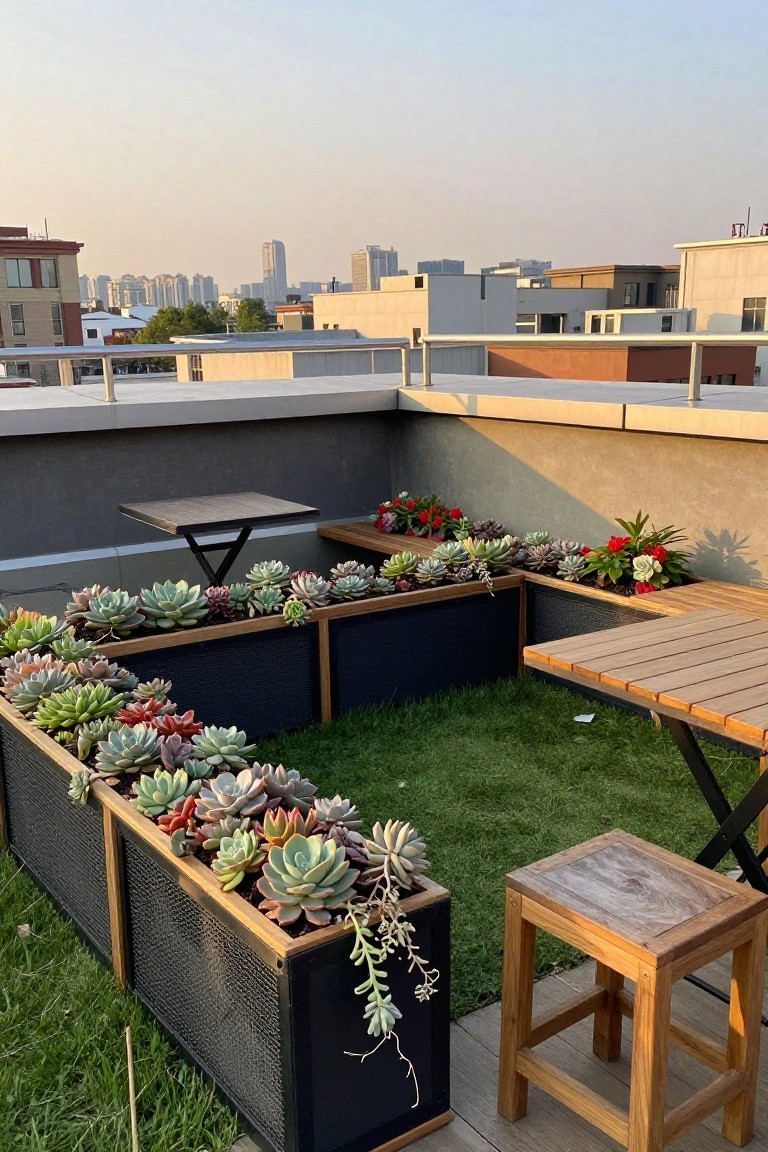 Rooftop terrace with L-shaped raised planters built from wood frames and black wire mesh, planted with succulents and surrounded by wooden tables and stools.