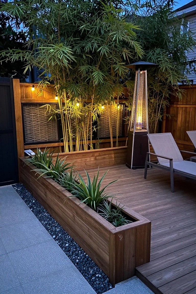 A wooden deck bordered by a long raised planter box with green plants, a woven panel wood fence with string lights behind it, a tall patio heater, and two lounge chairs.