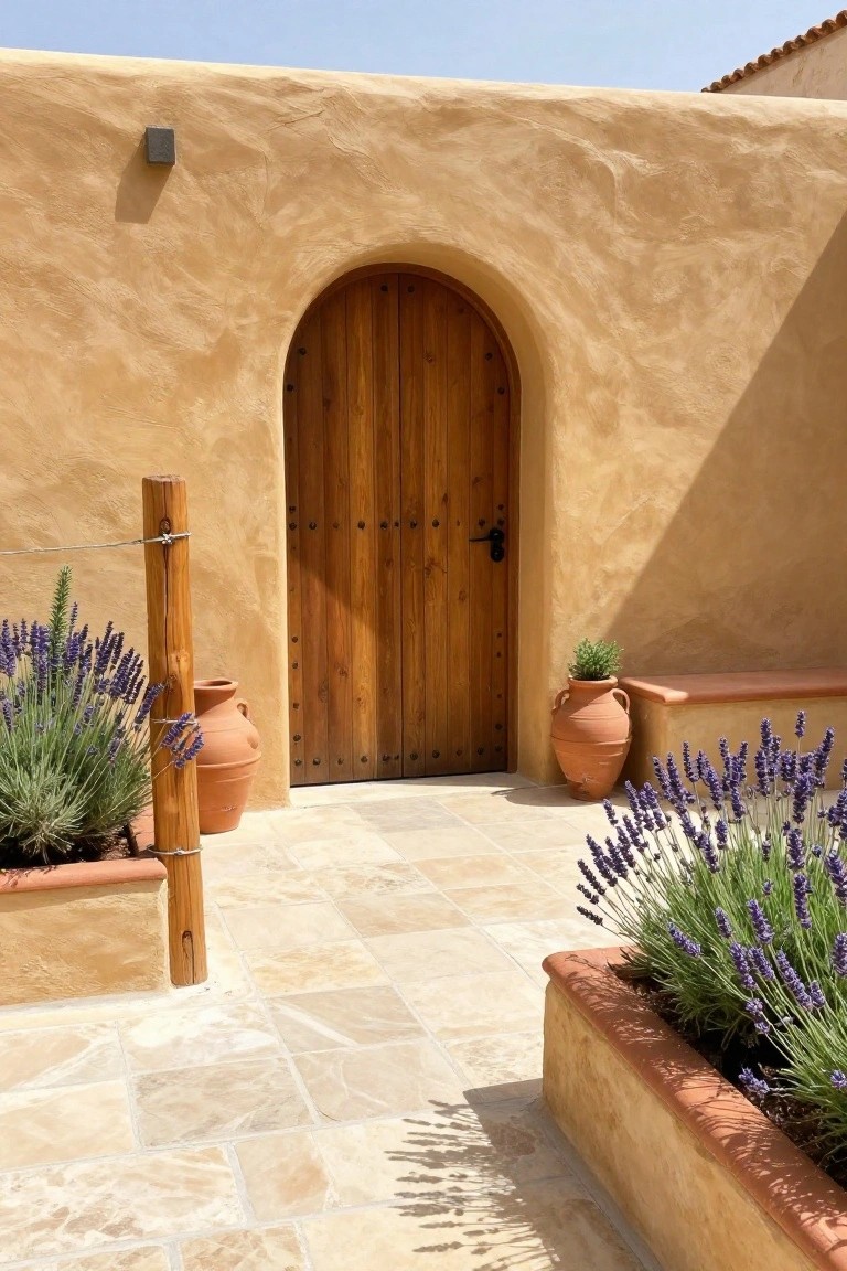 Arched wooden door in beige stucco wall with lavender and terracotta pots.