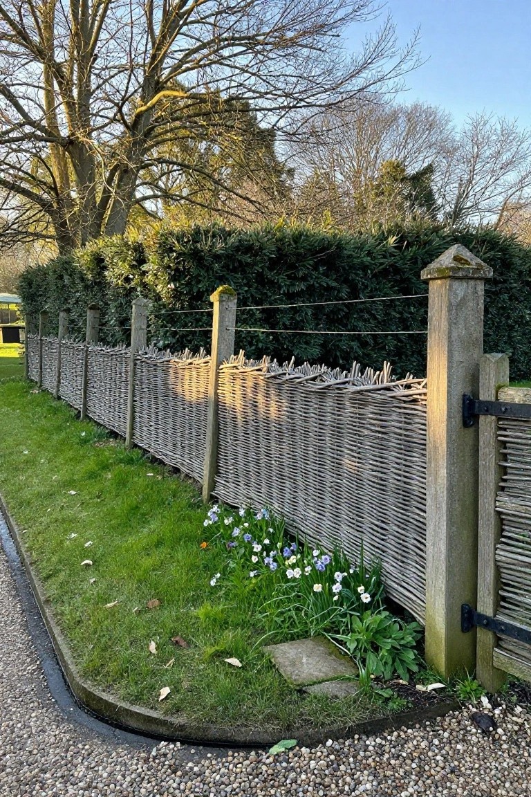 A long woven wood fence with wire strands on top runs beside grass and flowers along a gravel path.