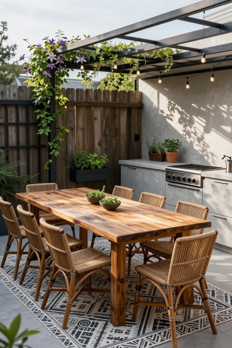 Outdoor wooden dining table with rattan chairs on patterned rug under lit pergola with plants