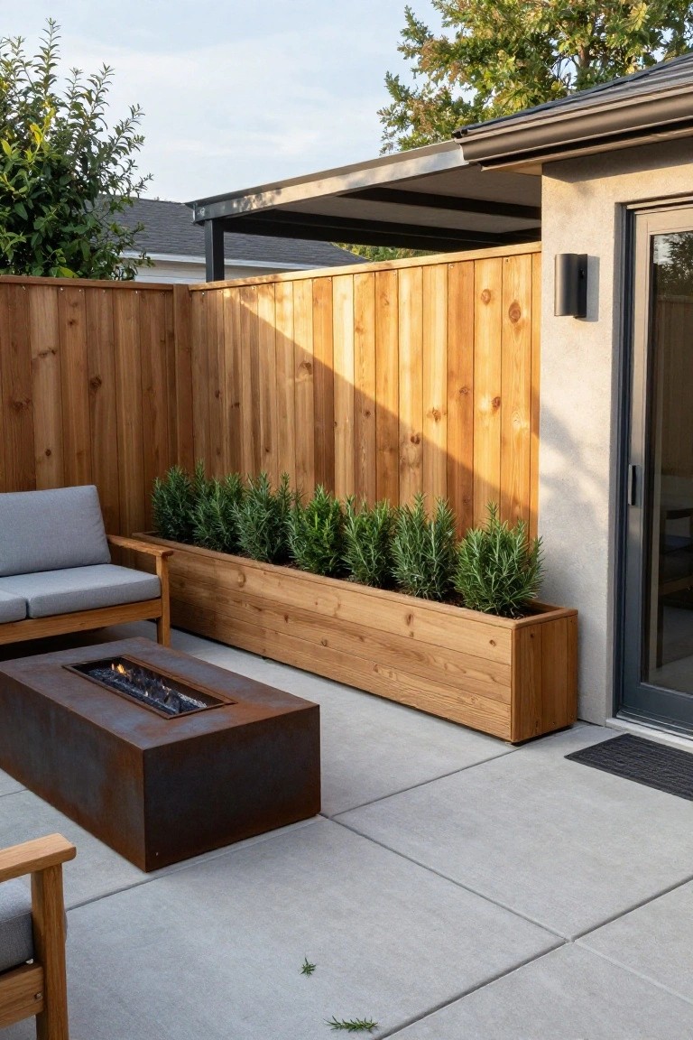 A long wooden planter box with green shrubs runs along the base of a vertical wood fence beside a concrete patio with a metal fire pit and outdoor seating.