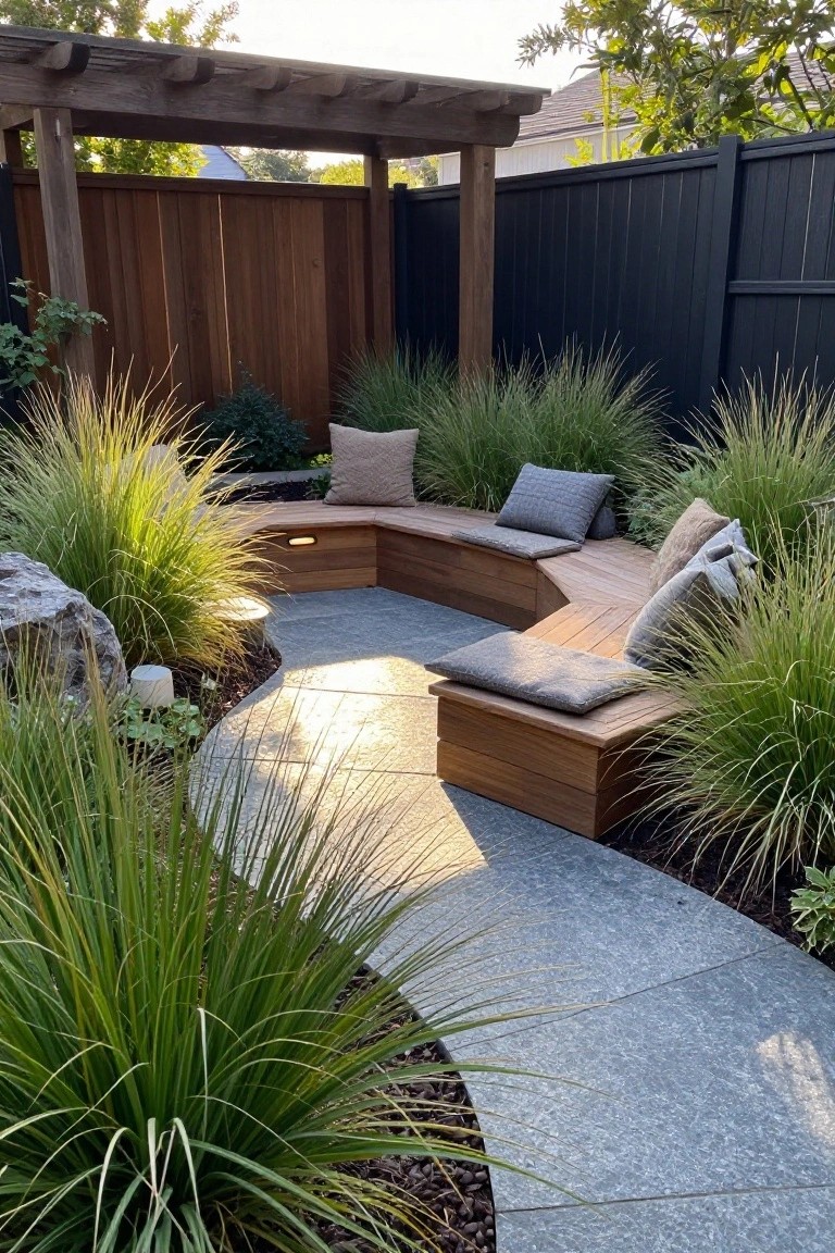 L-shaped wooden bench seating built against a tall wood fence, with ornamental grasses, a concrete path, and cushions on the bench.