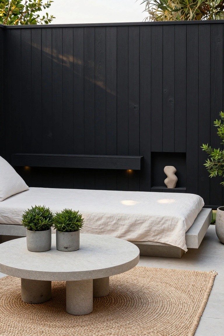 A modern outdoor lounge with a dark horizontal wood fence, concrete daybed with white bedding, round concrete coffee table holding two potted plants, woven rug, and recessed niches in the fence.