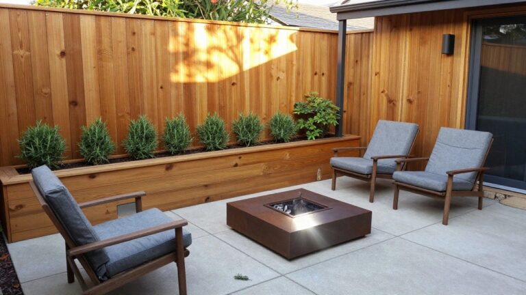 20 Elegant Horizontal Wood Fence Ideas for Contemporary Backyards A long wooden planter box with green shrubs runs along the base of a vertical wood fence beside a concrete patio with a metal fire pit and outdoor seating.