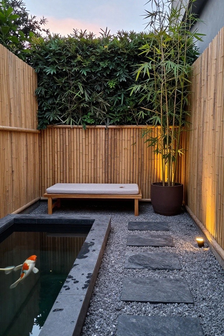 Zen garden with koi pond, wooden bench, stepping stones, bamboo, and gravel path.