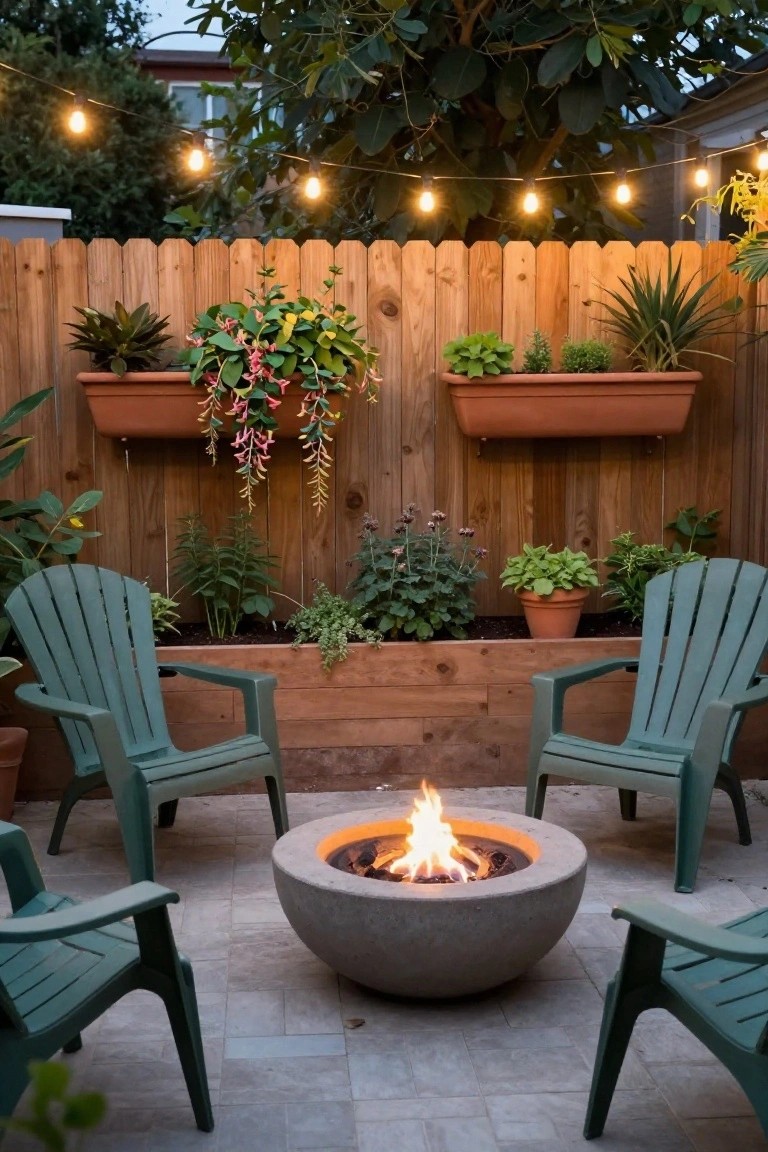Backyard patio with a round concrete fire pit, four green Adirondack chairs, a horizontal wood fence with mounted planters, and string lights above.