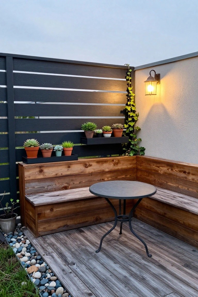 A corner deck area with horizontal dark wood fencing, built-in wooden bench seating, a round metal table, potted plants on the bench and a shelf, and a wall-mounted light fixture.