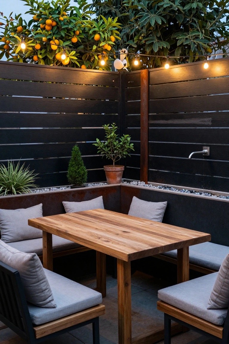 Wooden table with gray cushions on benches in patio with string lights and orange tree