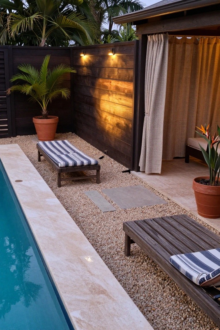 A backyard pool area bordered by a dark horizontal wood fence, with wooden lounge chairs on gravel and potted plants nearby.