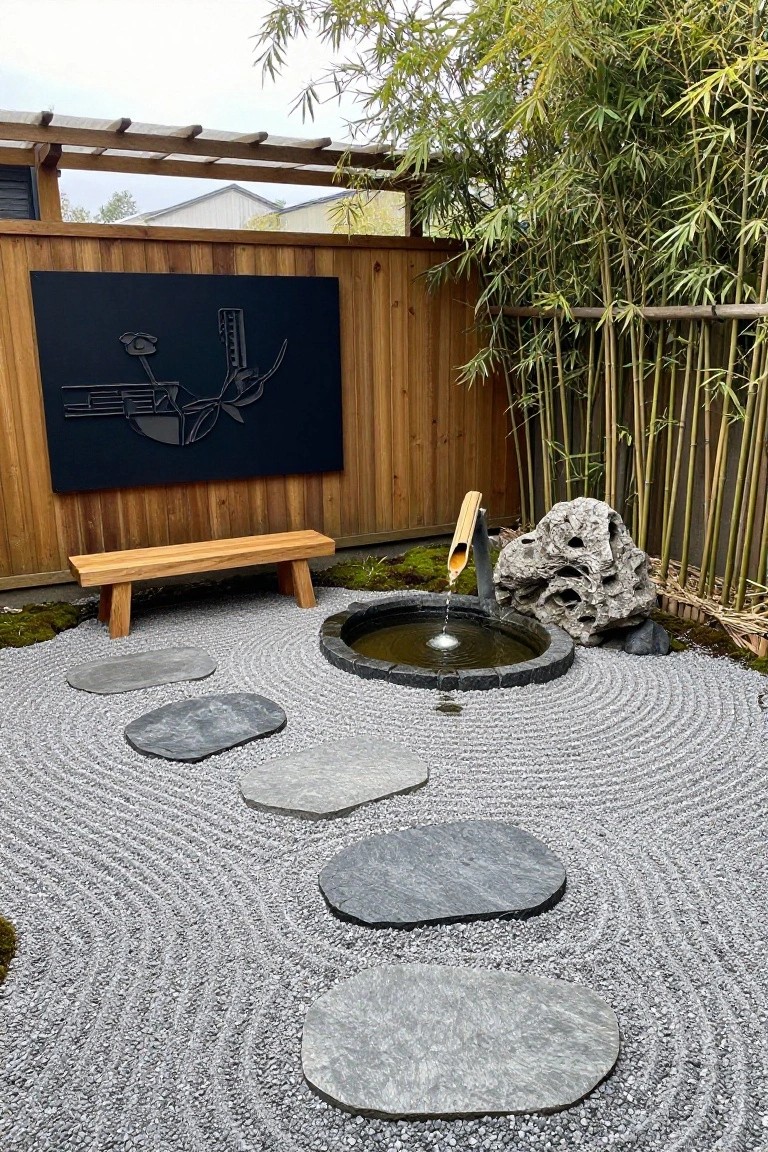 A backyard garden featuring a horizontal wood fence, raked gravel with stone stepping stones, a circular stone water basin with a bamboo spout, a wooden bench, and tall bamboo plants along the right side.