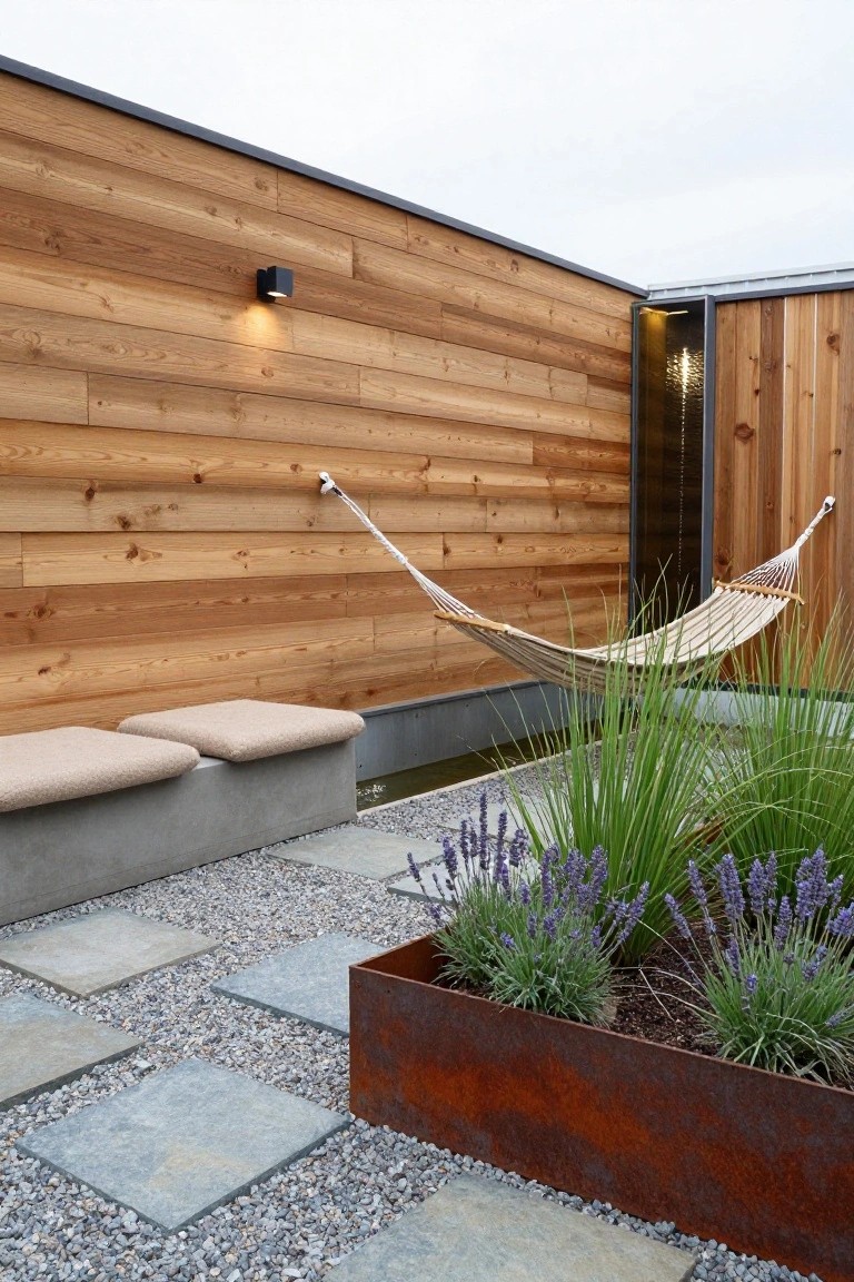 A contemporary backyard with horizontal wood fencing, a hanging hammock, concrete bench with cushions, gravel and stone path, and a rusted metal planter filled with lavender and tall grasses.