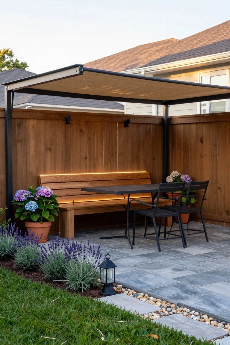 A contemporary backyard patio enclosed by a horizontal wood fence, featuring a wooden bench with underlighting, a shaded pergola, a dark metal dining table with chairs, potted plants, and a stone-paved surface.
