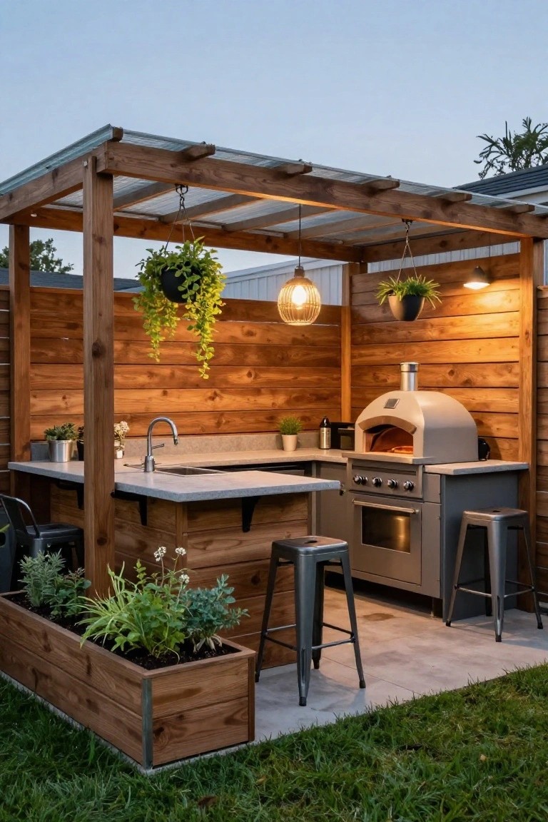 Outdoor kitchen under wooden pergola with pizza oven, sink, stools, and plants