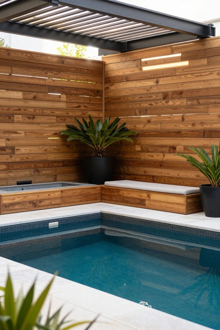 Modern pool with wooden walls, blue water, bench, and potted palms