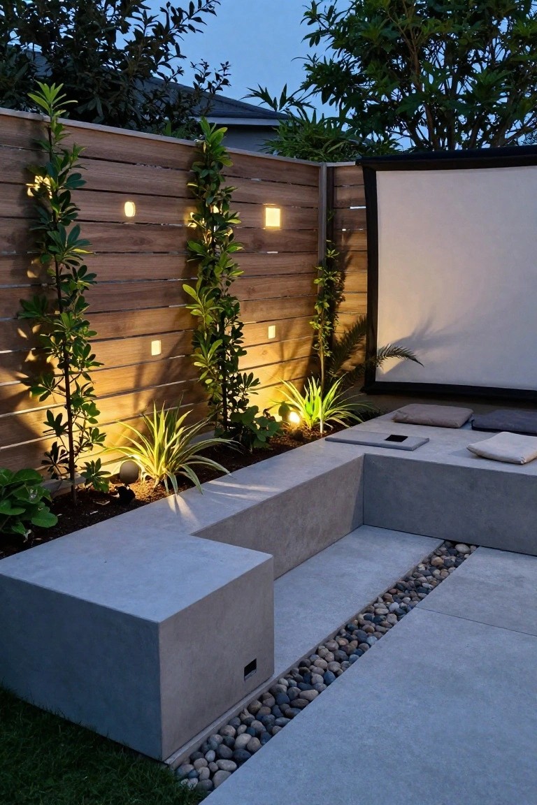 Modern backyard patio with concrete seating, lit wooden fence, projector screen, and plants at dusk.