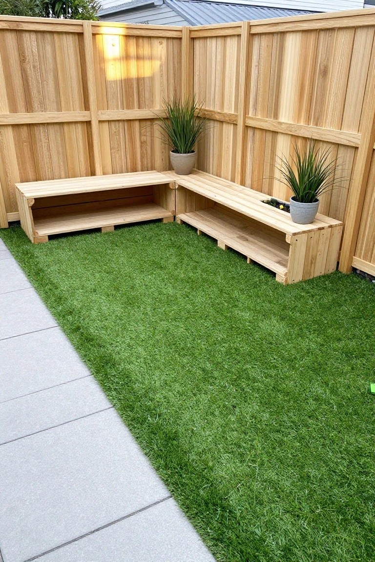 An L-shaped wooden bench structure sits against a horizontal wood fence in a backyard corner with artificial grass and two potted plants.