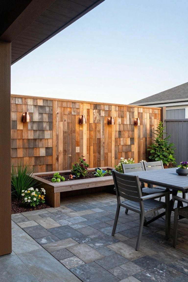 A backyard patio with a horizontal wood fence in mixed brown tones, gray stone pavers, an outdoor dining table with chairs, and a built-in planter with flowers and sconces on the fence.