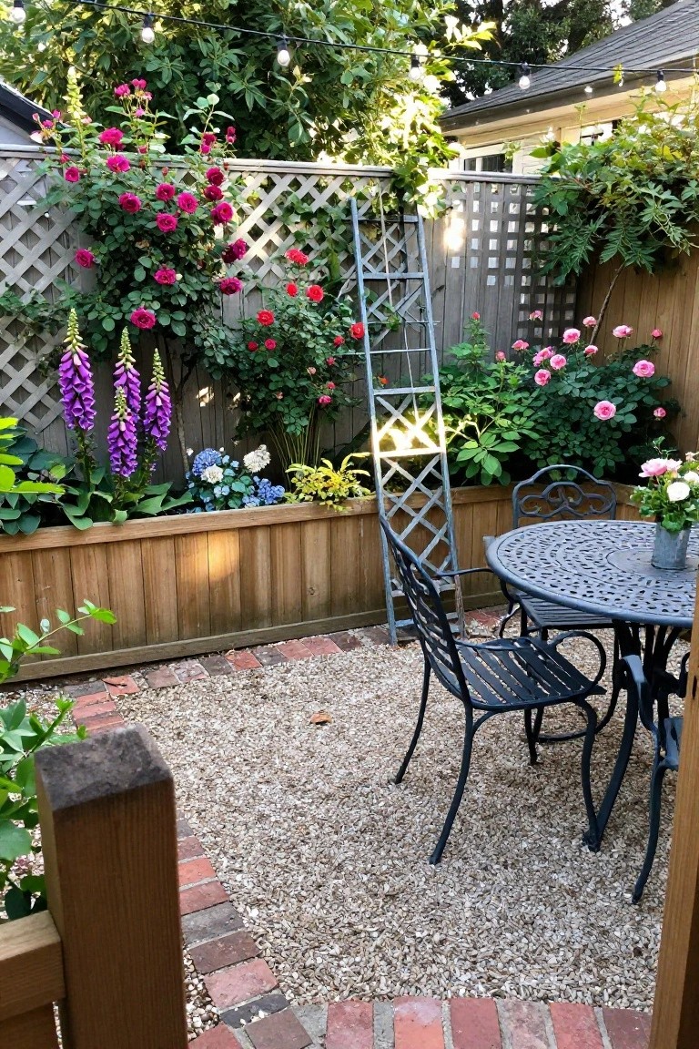 Backyard scene with a wooden fence covered in pink climbing roses, purple foxgloves, and other flowers, plus a black metal patio table and chairs on gravel.