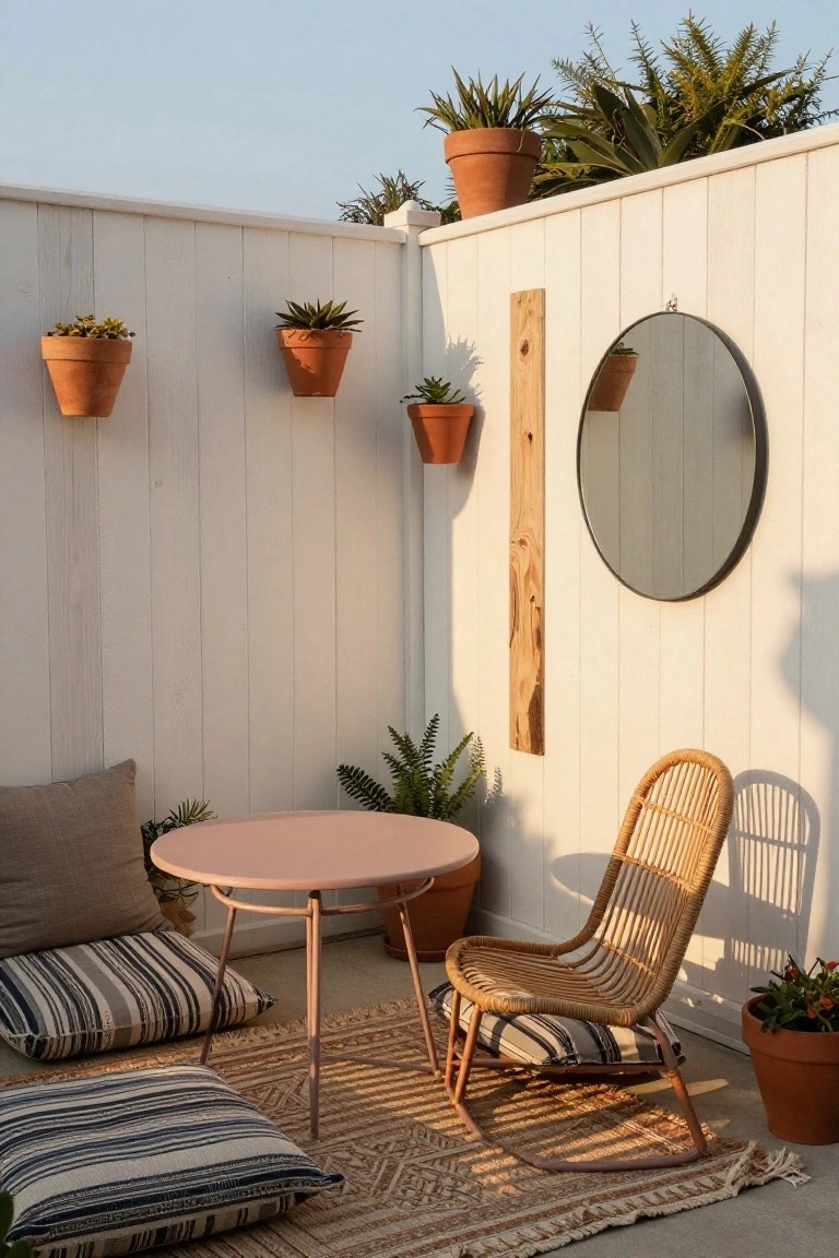 Outdoor patio corner with white vertical fence, round table, woven rocking chair, striped cushions on a rug, and several potted plants mounted on the fence.