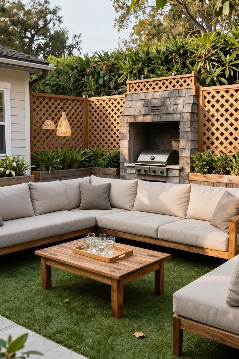 Backyard patio with L-shaped sofa, wooden coffee table, and built-in grill enclosed by lattice wood fencing and surrounding plants.