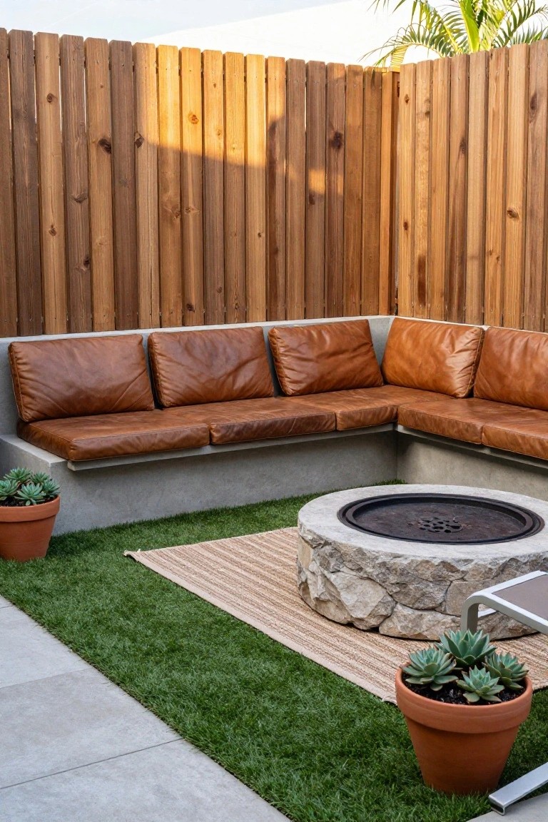 A backyard patio with a long built-in concrete bench topped with brown cushions set against a tall wooden fence, a stone fire pit on a striped rug, and potted succulents on artificial grass.