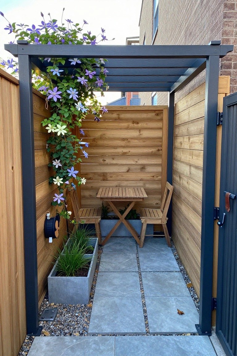A narrow outdoor seating area with wooden fences on three sides, a dark pergola frame overhead covered in flowering vines, a small table with two chairs, and gray pavers on the ground.