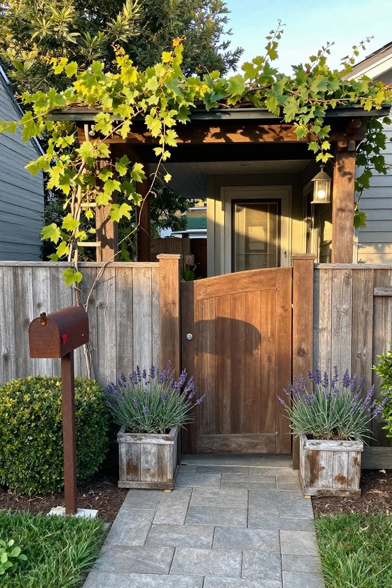 Rustic wooden gate with lavender planters, mailbox, and grapevine-covered arbor.