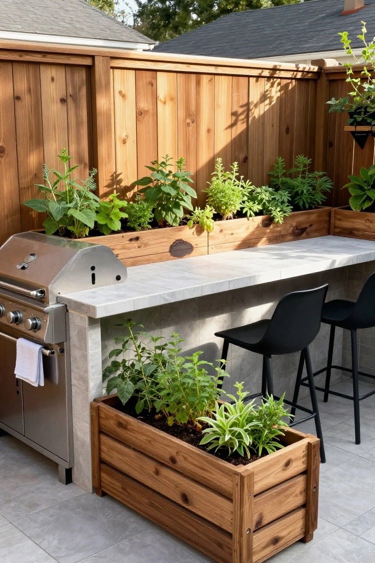 Outdoor kitchen with stainless grill, wooden herb planters, marble counter, and black stools