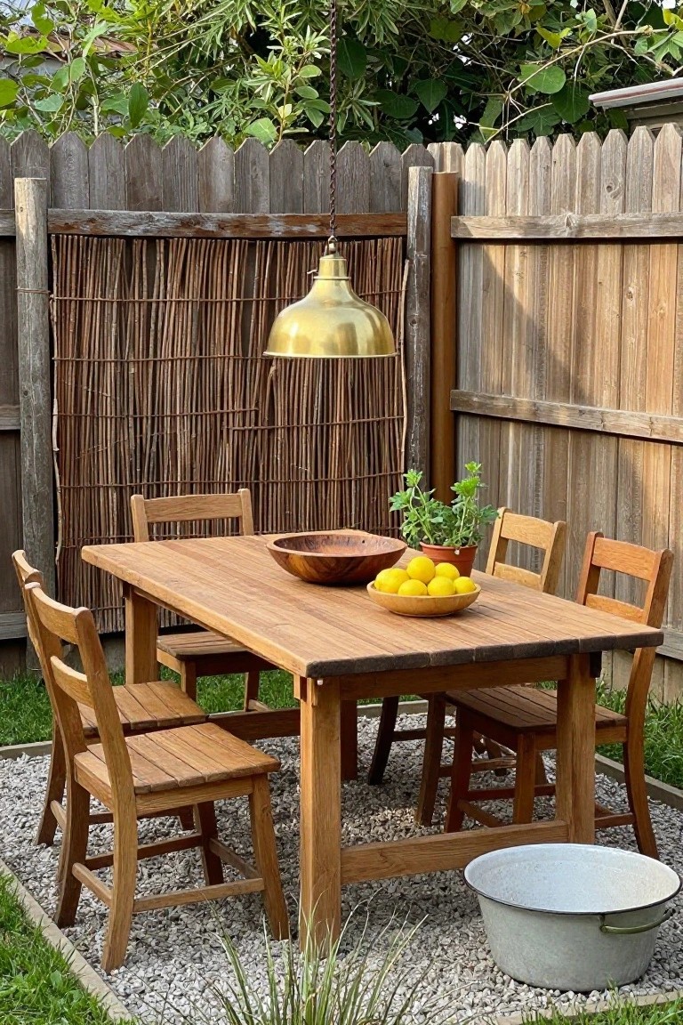 An outdoor wooden dining table with chairs on gravel in front of a wood fence fitted with a vertical reed screen panel and a hanging brass pendant light.
