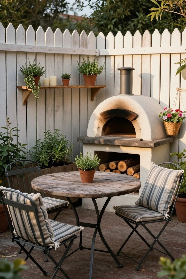 Patio with round table, striped chairs, stone pizza oven, and plants against white fence.