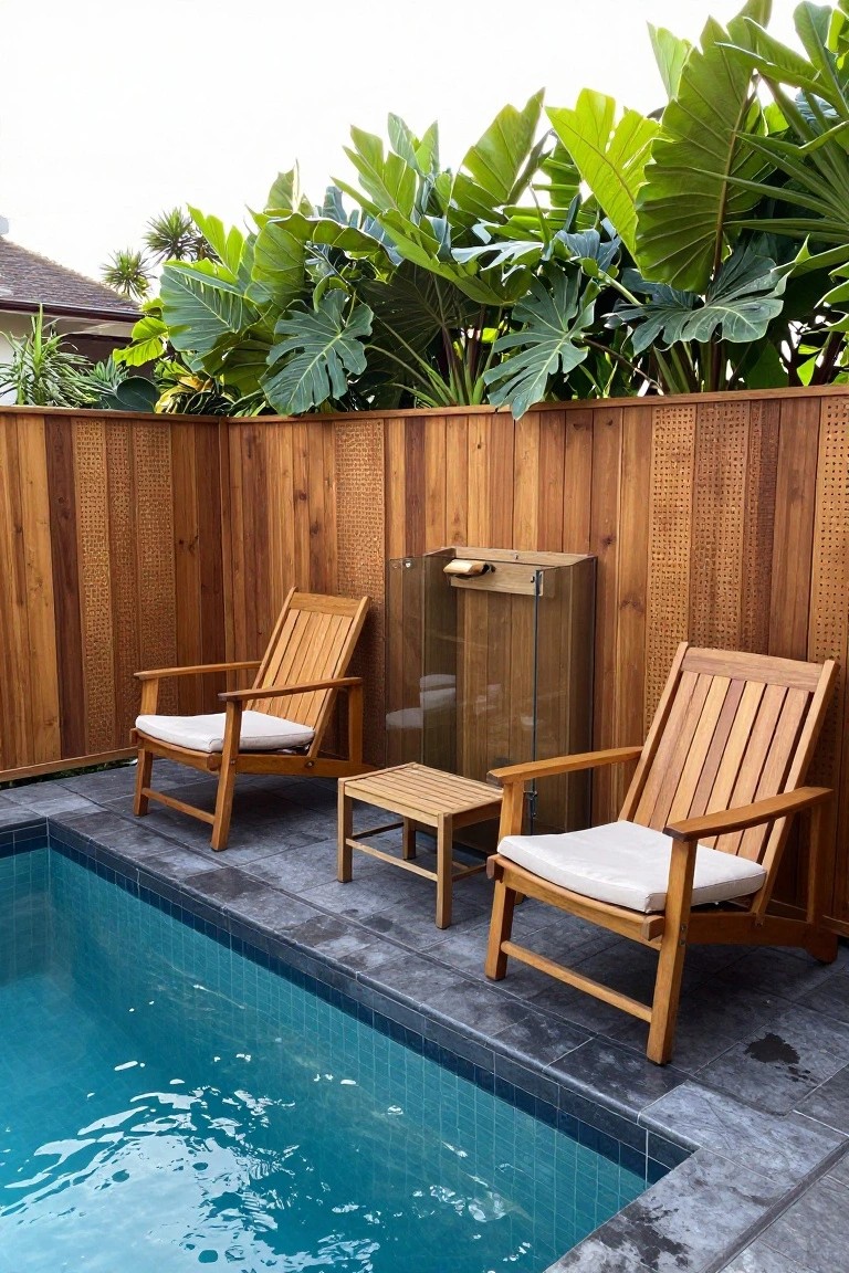 Two wooden lounge chairs sit on a tiled pool deck beside a swimming pool with a tall wooden fence and large green plants behind it.