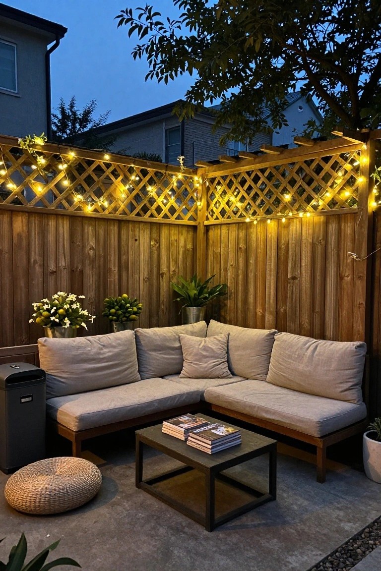 Cozy backyard patio with L-shaped beige sofa, coffee table, and glowing string lights.