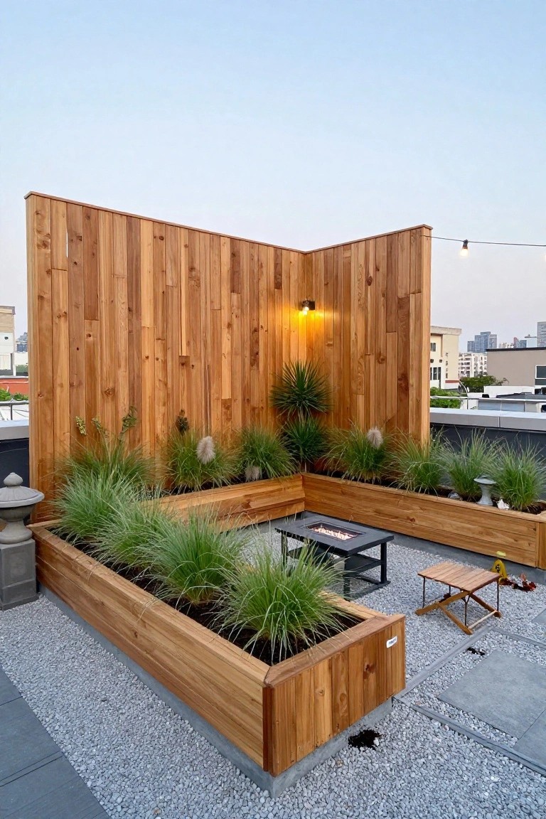 Rooftop deck with wooden planters, fire pit, gravel, and string lights.