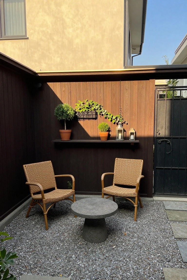 Two wicker chairs and a concrete table on gravel sit in front of a dark wood fence with a narrow shelf holding potted plants and two lanterns.