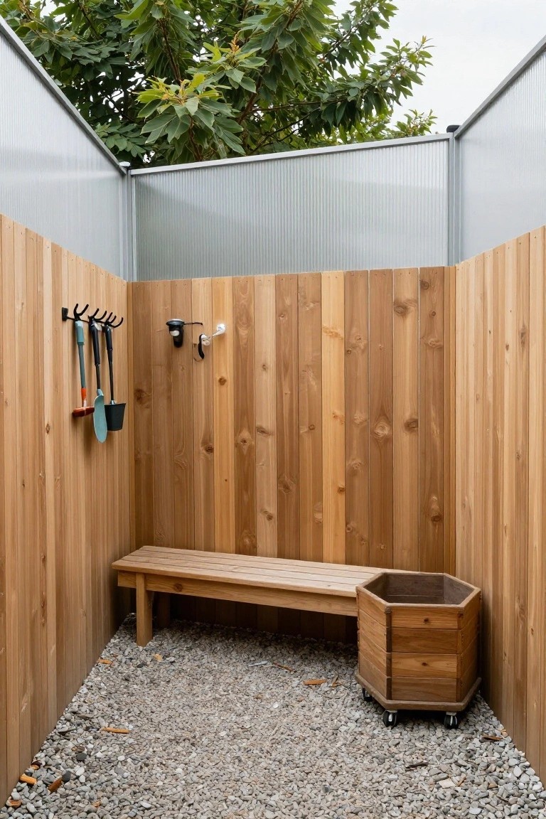A gravel-floored outdoor corner enclosed by vertical wood fencing with a taller corrugated upper panel, a wooden bench along one wall, and a wheeled wooden planter.