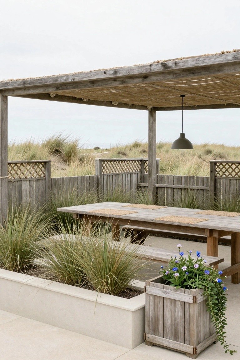 A wooden pergola shades a long outdoor dining table and benches, with lattice-topped wood fences and concrete planters visible around the patio.