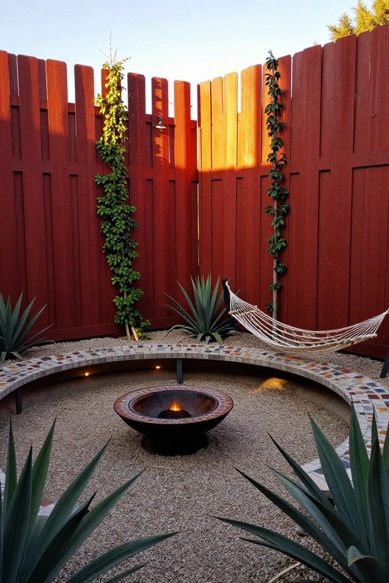 A backyard enclosed by a tall red wooden fence with a central fire pit on gravel, a hammock, and agave plants.