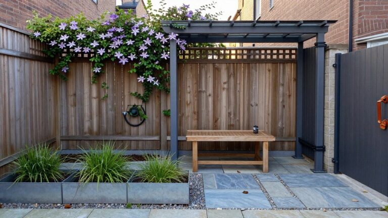 A narrow outdoor seating area with wooden fences on three sides, a dark pergola frame overhead covered in flowering vines, a small table with two chairs, and gray pavers on the ground.