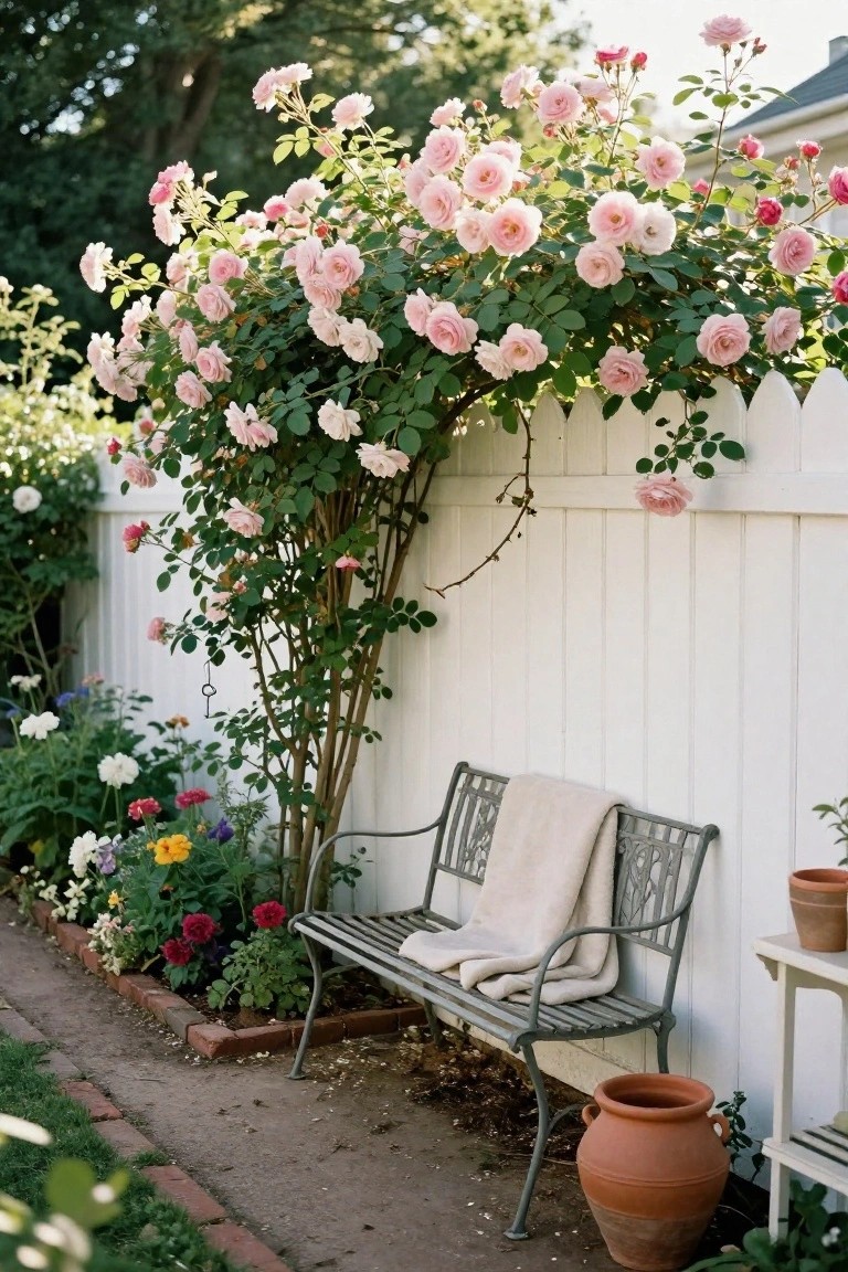 A white picket fence with pink climbing roses growing over the top, a metal bench in front, and a flower bed along the base.