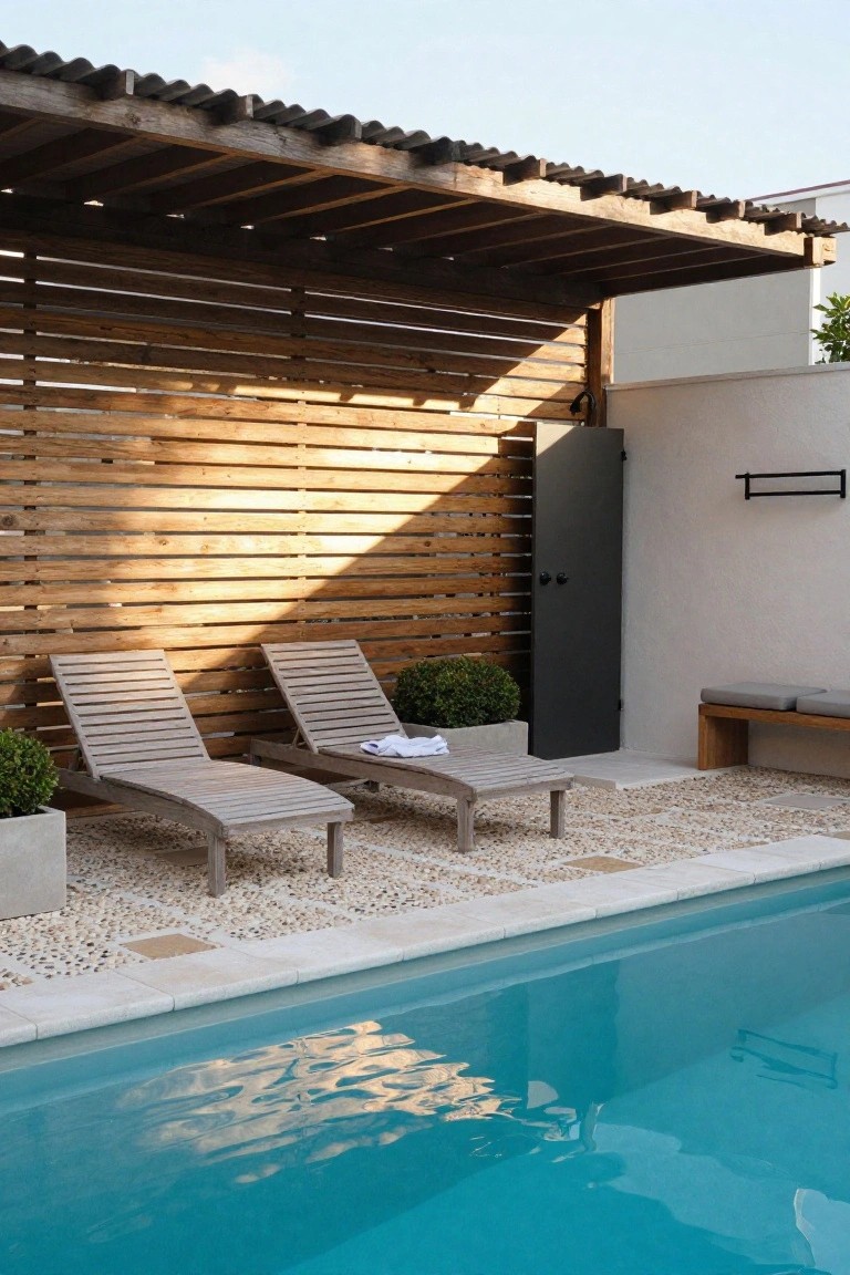 A swimming pool in the foreground with two wooden lounge chairs on a pebble and stone patio, a horizontal wood slat wall behind them, and a dark outdoor shower enclosure.