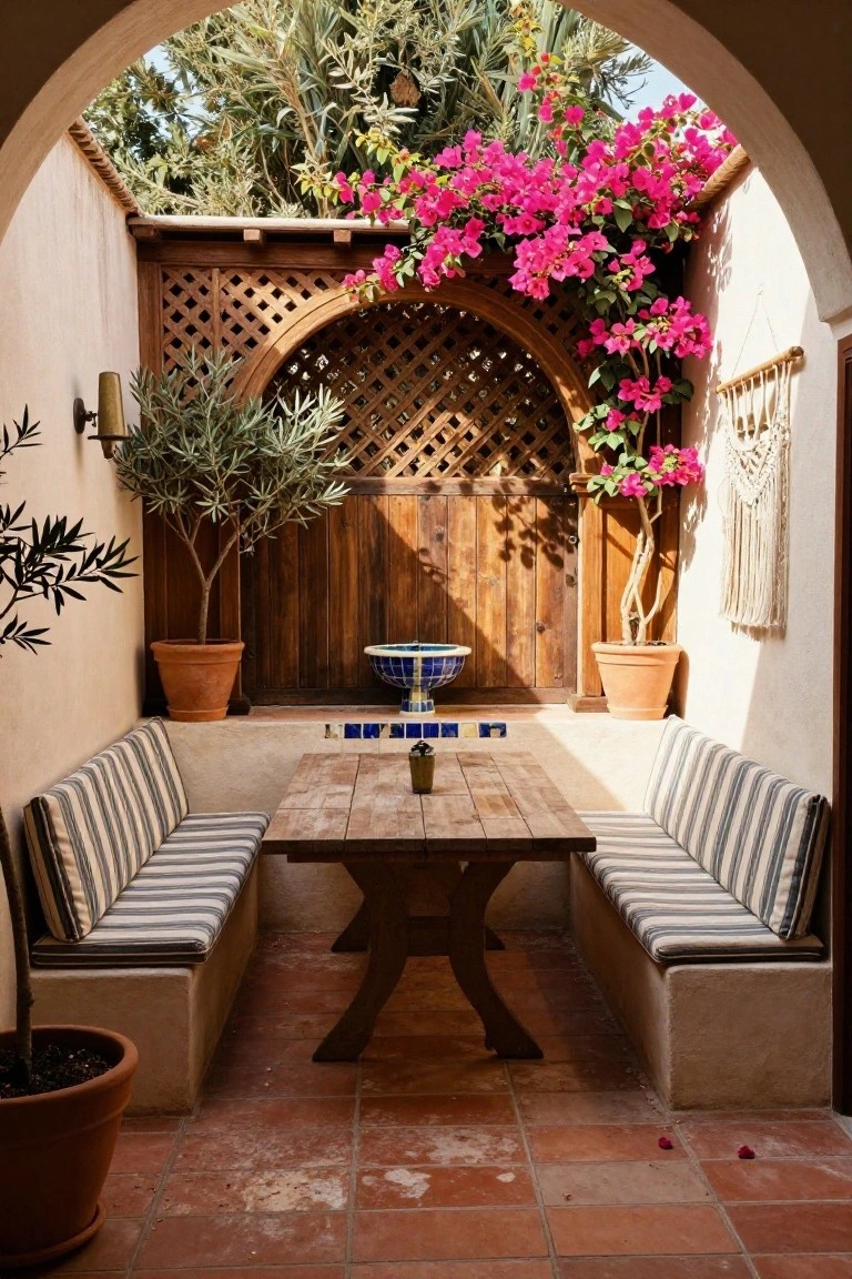 An outdoor patio with built-in striped bench seating around a wooden table, a blue fountain, potted plants, and a wooden gate topped with lattice and pink flowers.
