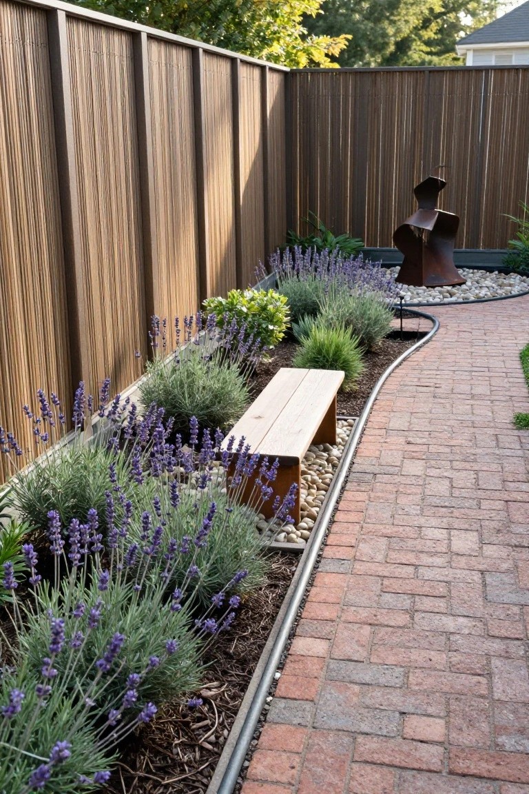 A wooden privacy fence runs along a narrow garden bed planted with lavender and shrubs, edged with pebbles and containing a wooden bench, next to a brick pathway.