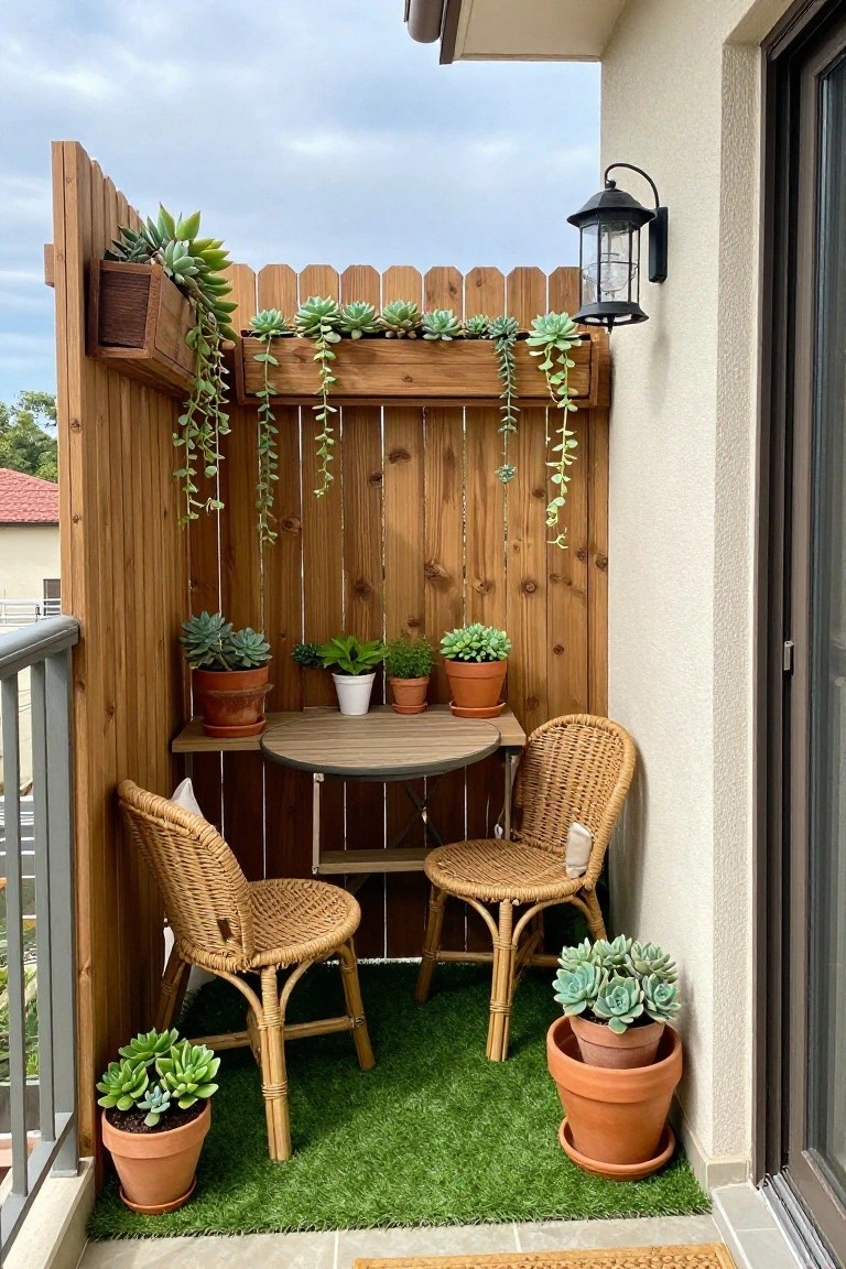 A small outdoor balcony with a wooden fence that has rectangular planters mounted along the top edge holding trailing succulents, a round table with two wicker chairs on green turf, and several potted succulents around the seating area.