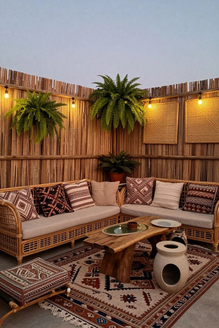 Outdoor seating area with rattan sofas, wooden table, patterned rug, and tall reed fence with hanging plants and string lights.