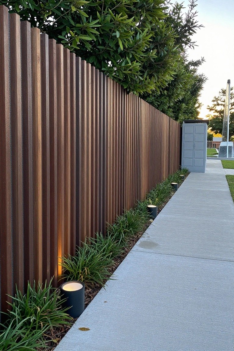 A tall vertical wood fence lines one side of a concrete walkway with low cylinder lights and grass plantings at the base.