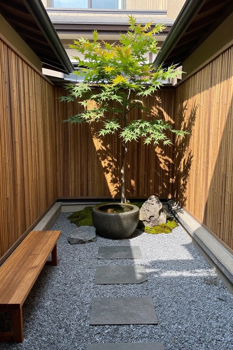 A narrow courtyard enclosed by tall vertical bamboo-style wood fences, with a central tree, stone water basin, moss, rocks, and a gravel path lined with dark stepping stones.